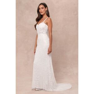 Lulus Momentous Love White Beaded Bustier Mesh Mermaid Maxi Dress Size XL